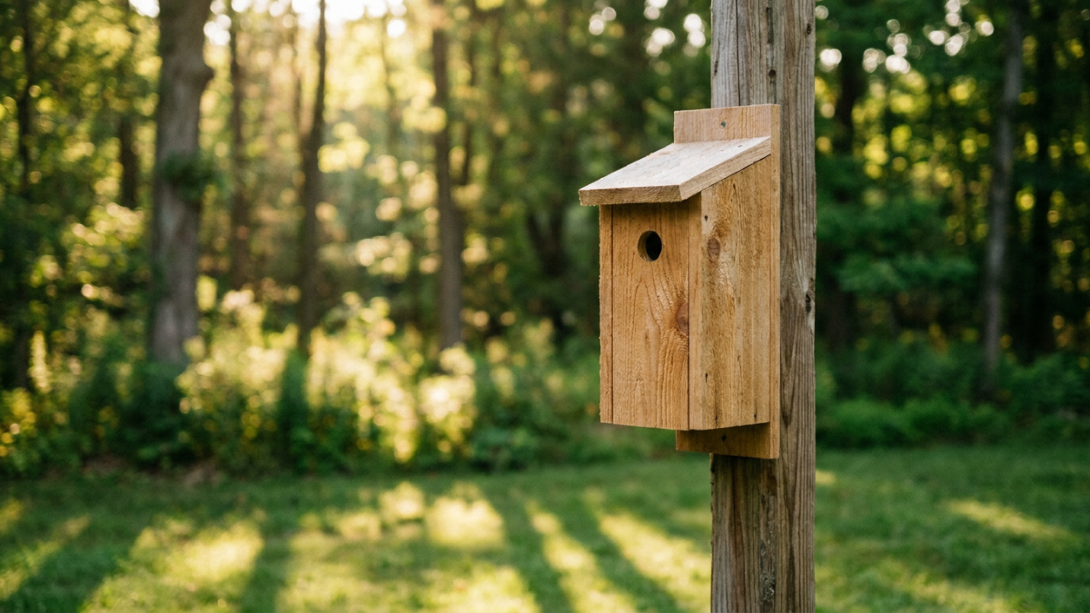 bird house designs - functional cedar nest box on a pole in a backyard