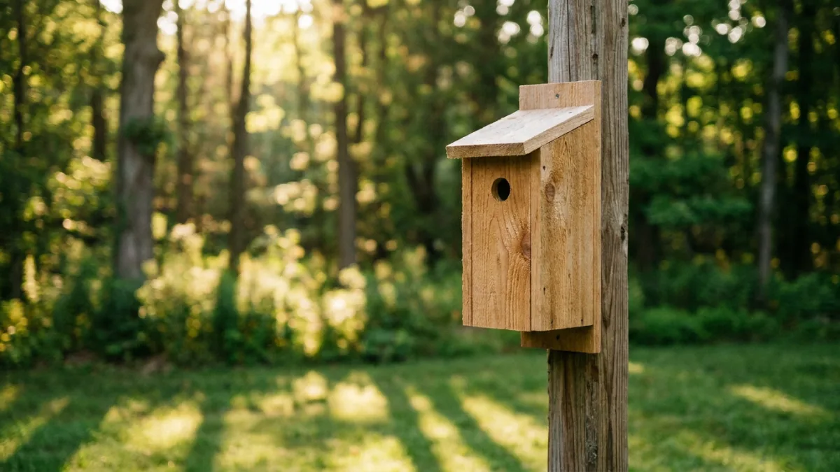 bird house designs - functional cedar nest box on a pole in a backyard