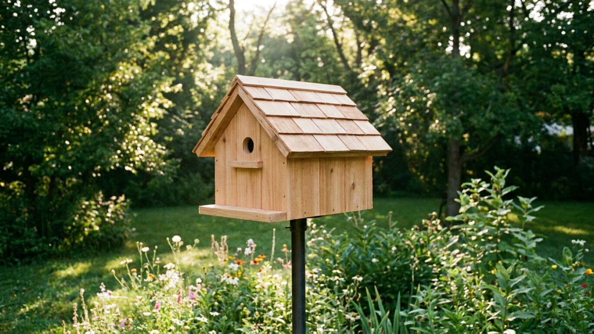 Cedar bird house with correct entrance hole size mounted on a pole