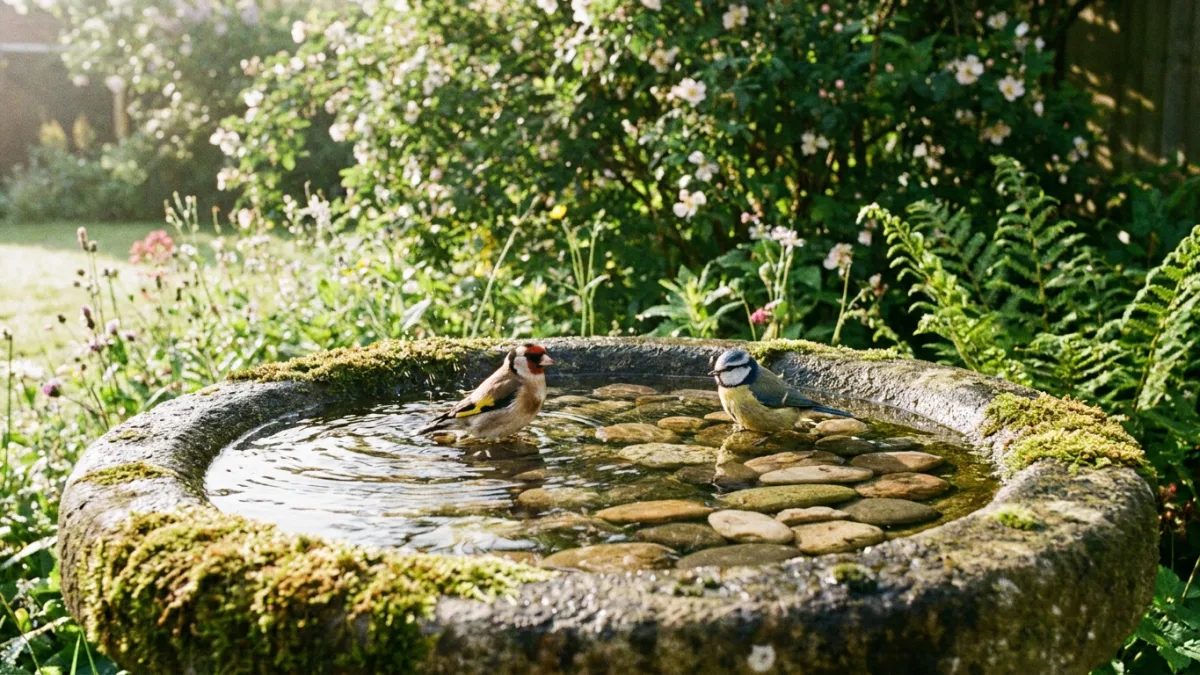 Songbirds bathing in a shallow stone bird bath with flat pebbles in a backyard garden