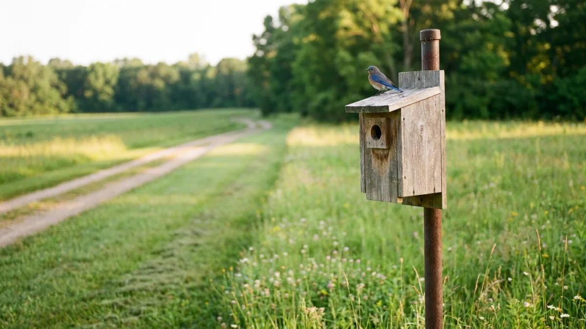 Cedar bluebird house with 1.5 inch entrance hole in an open meadow