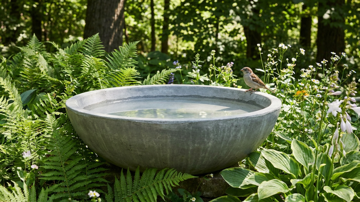 Gray cement bird bath with clean water and a perched songbird