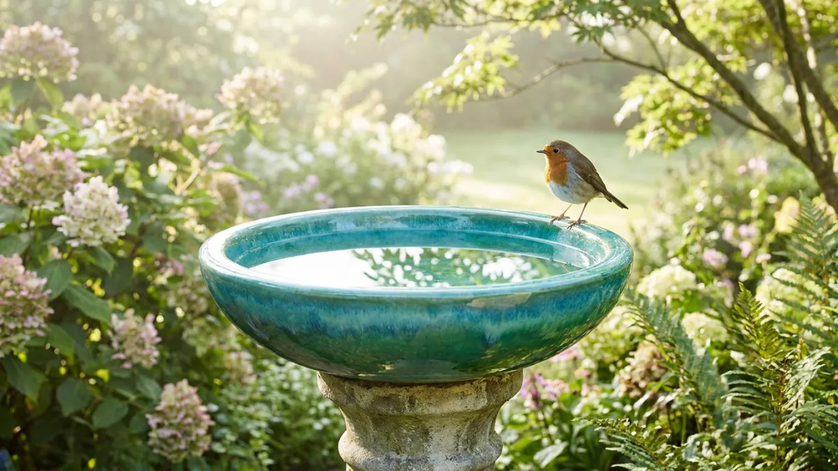 glazed ceramic bird bath in a garden with a songbird on the rim