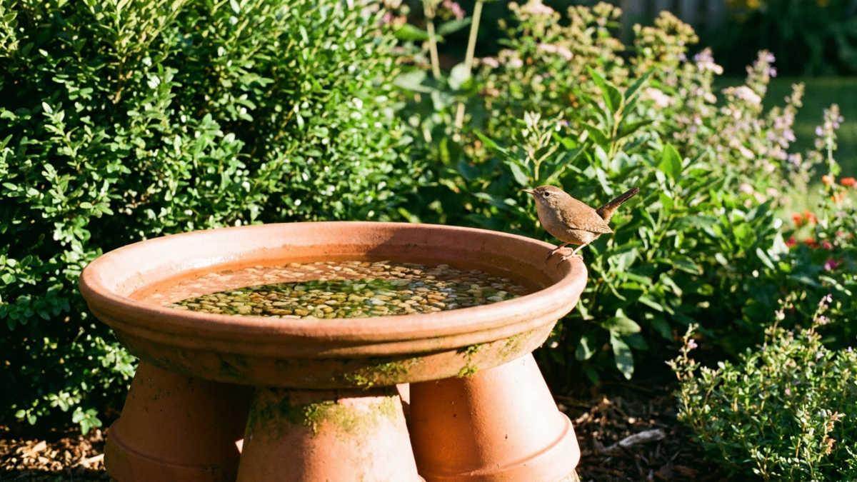 DIY bird bath made from a terracotta plant saucer on stacked clay pots with a songbird on the rim