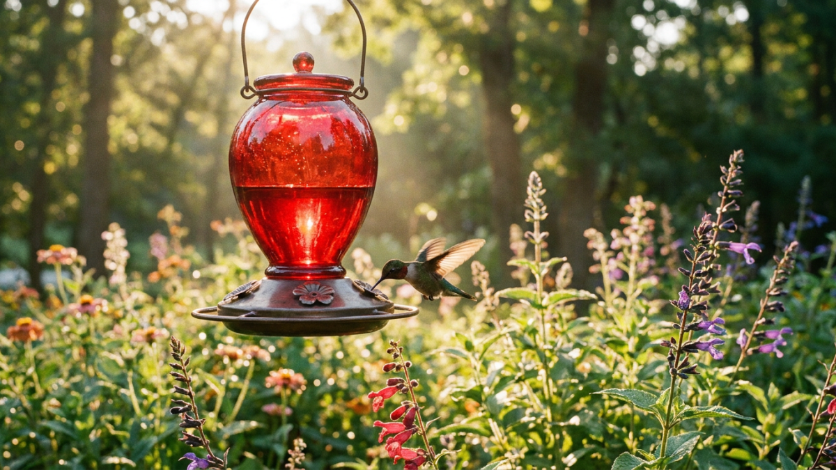 red glass hummingbird feeder hanging in a sunny garden