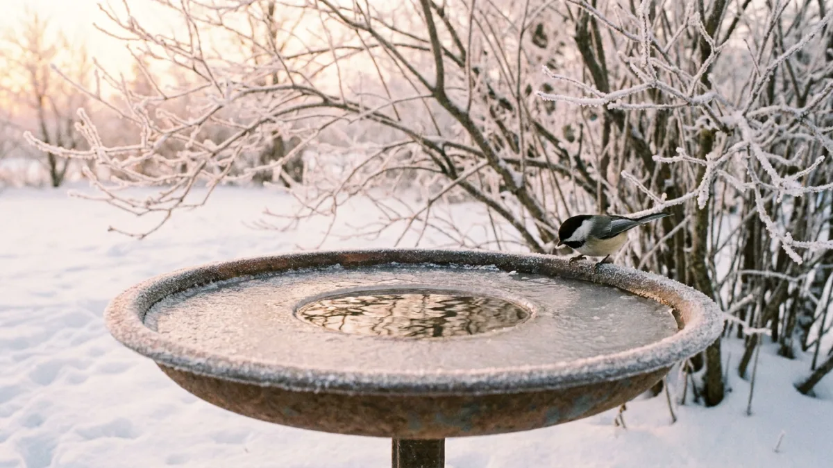 Heated bird bath holding open water in a snowy yard while a chickadee drinks from the rim