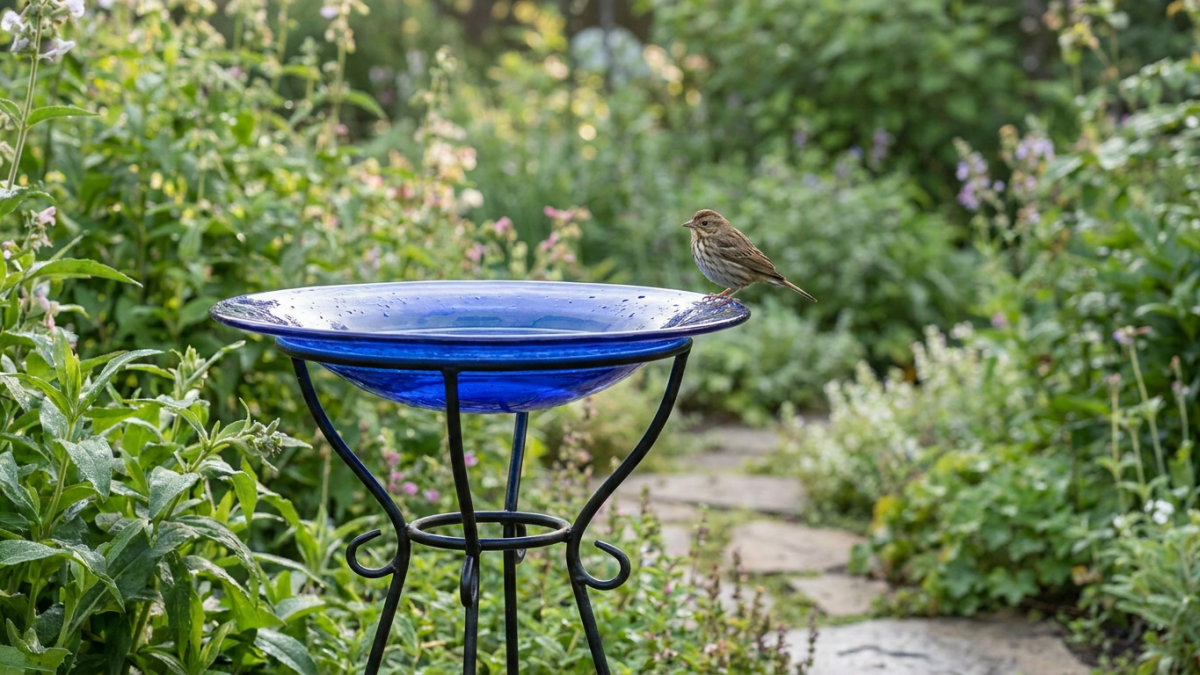 hobby lobby glass bird bath - shallow blue glass bird bath bowl in a garden