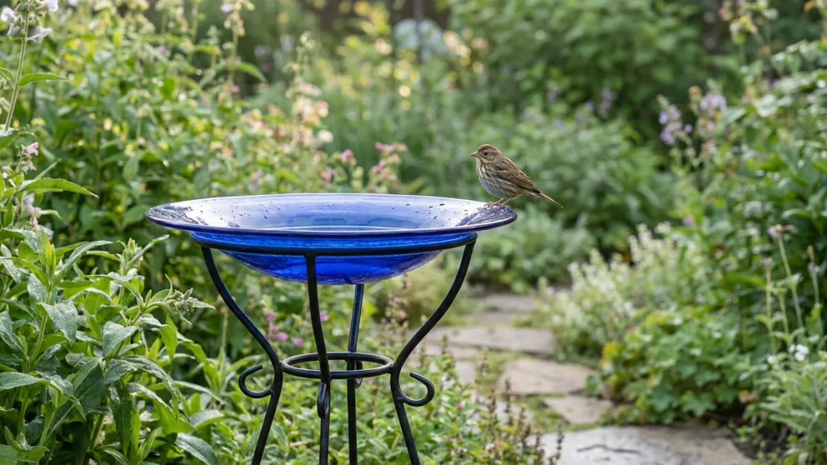 hobby lobby glass bird bath - shallow blue glass bird bath bowl in a garden