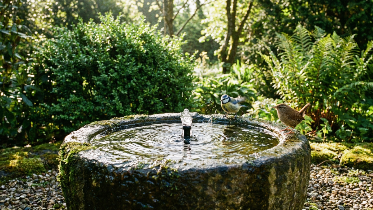 Moving water bird bath with a small fountain rippling the surface and songbirds perched on the stone rim