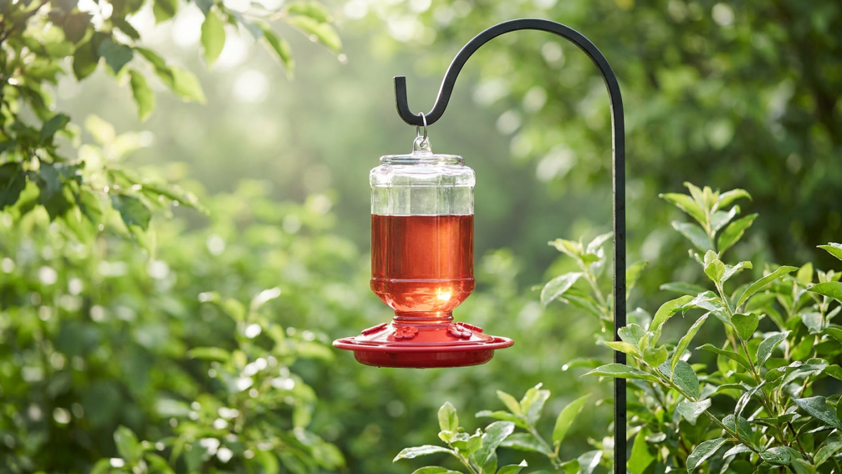 Perky-Pet hummingbird feeder with red base hanging in a backyard