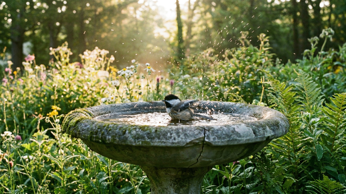 Chickadee bathing in a small shallow ceramic bird bath at the rim