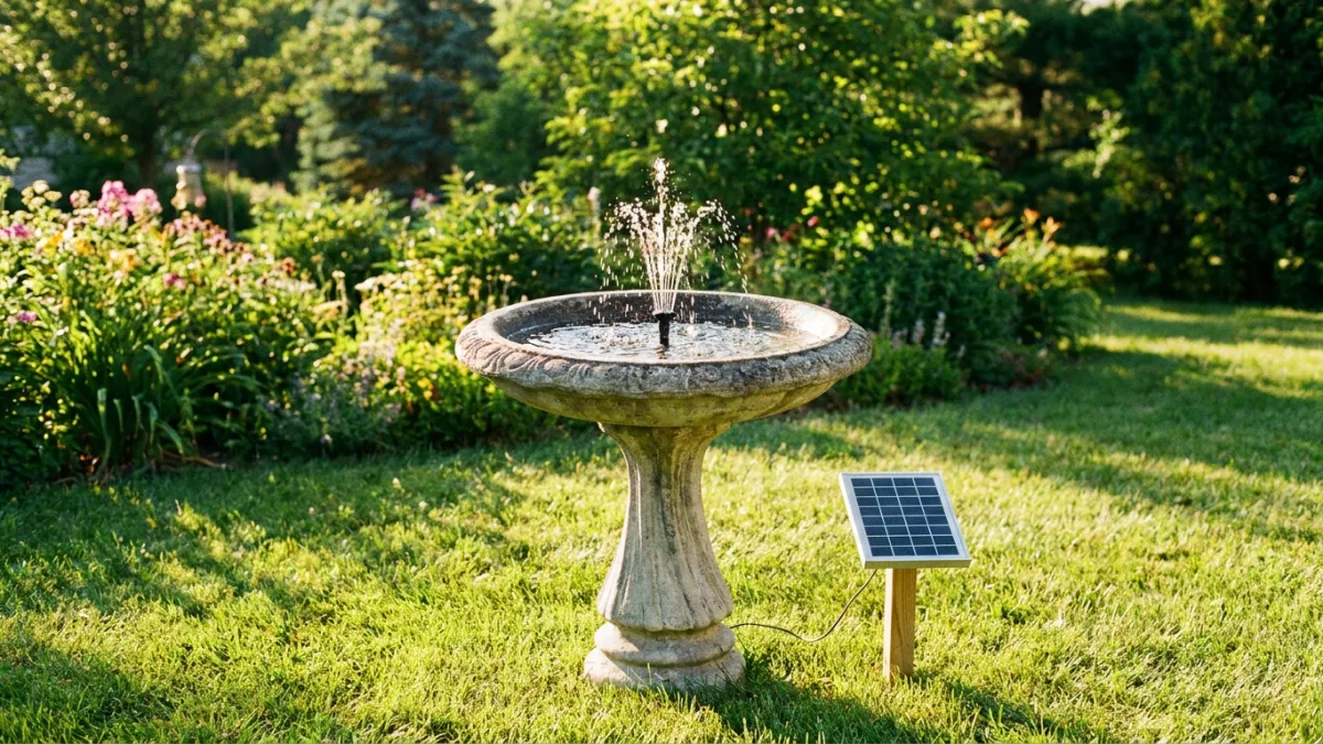 Solar bird bath fountain spraying water in a sunny garden with its solar panel staked in the grass nearby