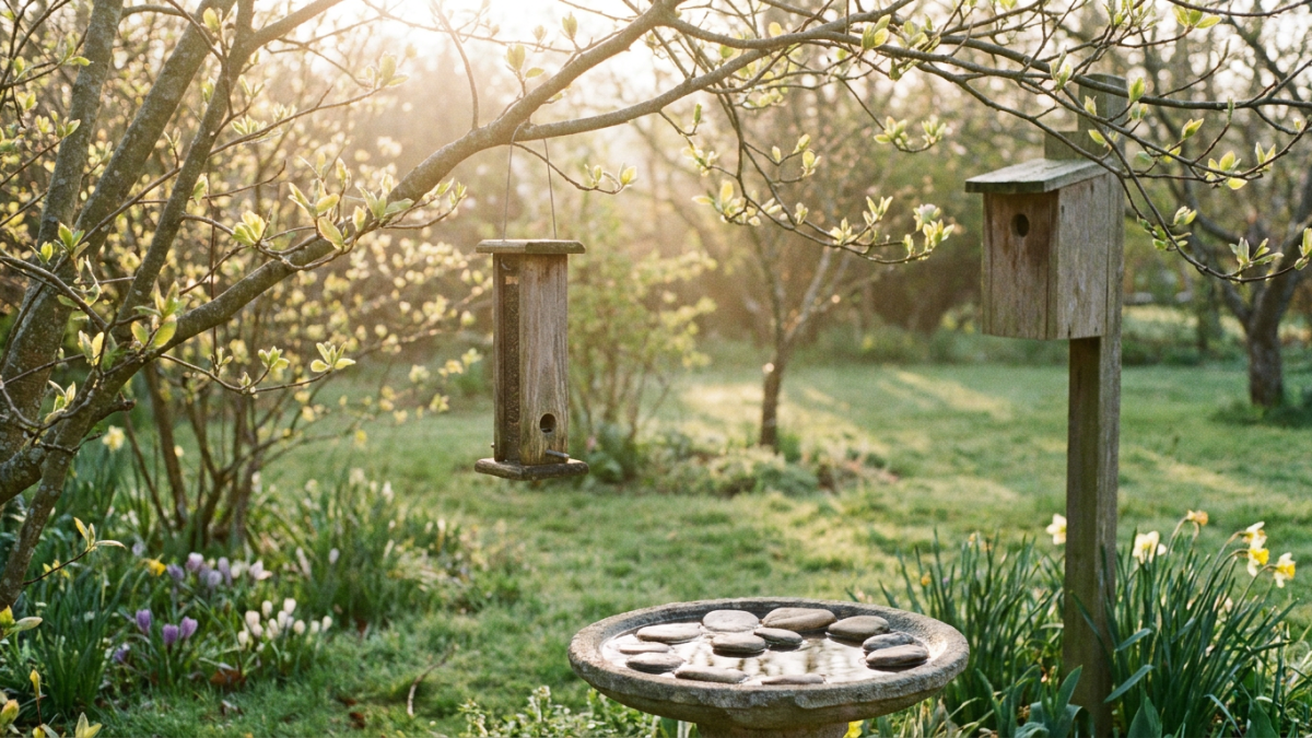 Backyard birding setup with a clean bird feeder, shallow stone bird bath and a wooden nest box in a budding yard