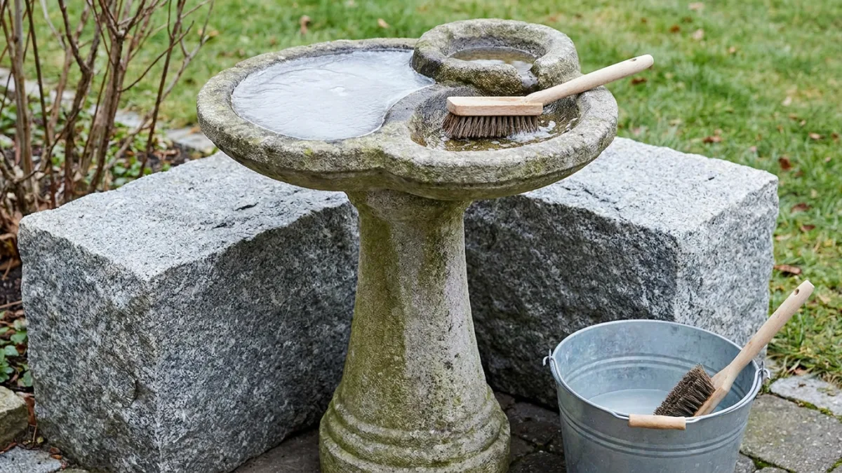 Stone bird bath with fresh water in a winter garden surrounded by frosted grass