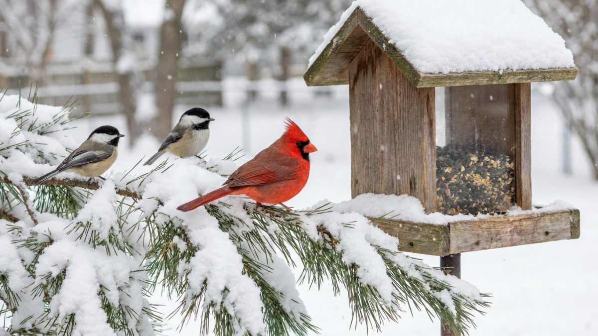 Winter backyard birds including a northern cardinal and chickadees on a snowy branch beside a bird feeder
