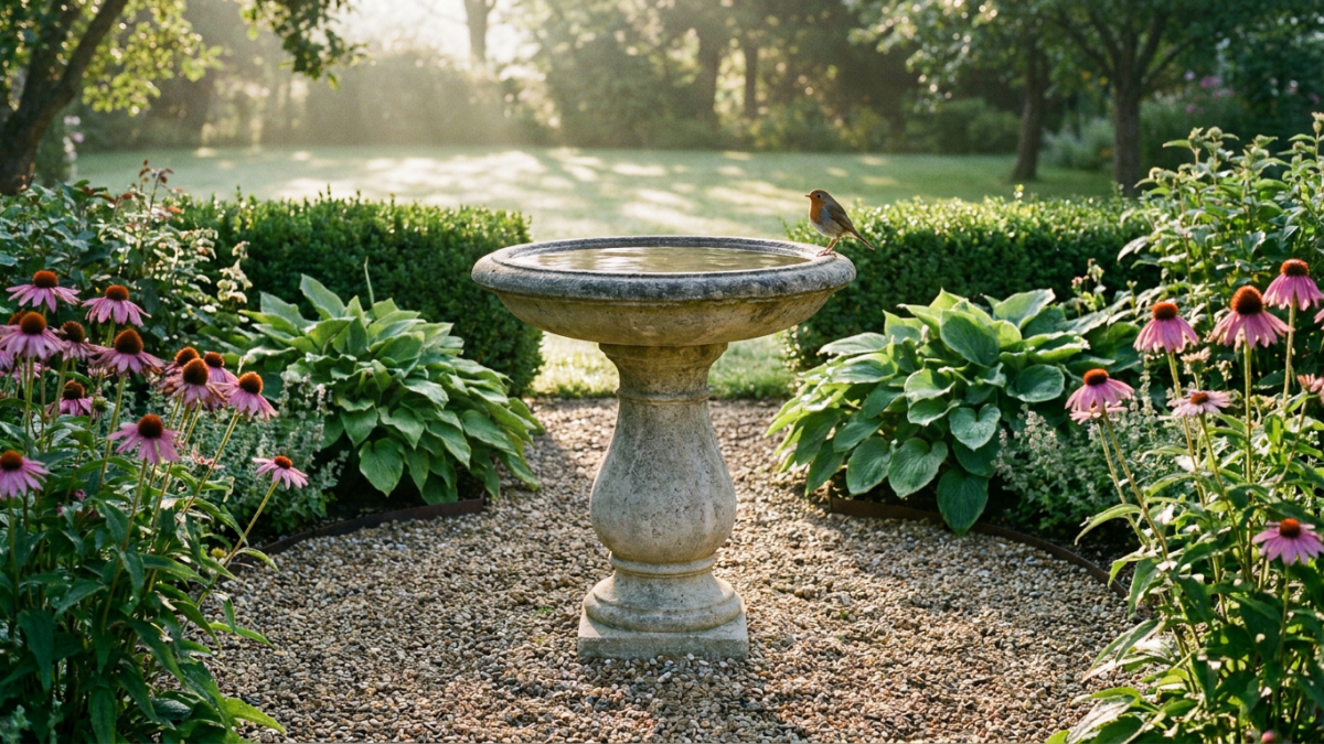 stone pedestal bird bath garden placement on a gravel circle with a robin on the rim and a hedge behind