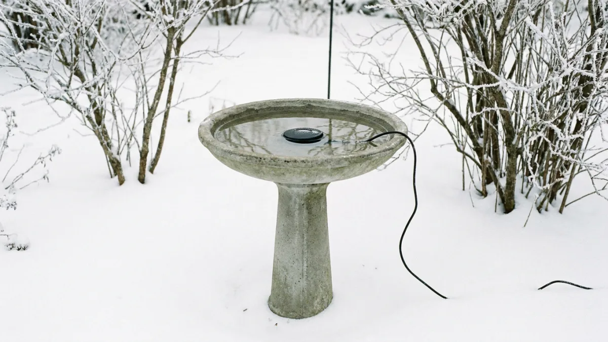 bird bath heater de-icer disc resting in the unfrozen water of a concrete bird bath in a snowy winter garden