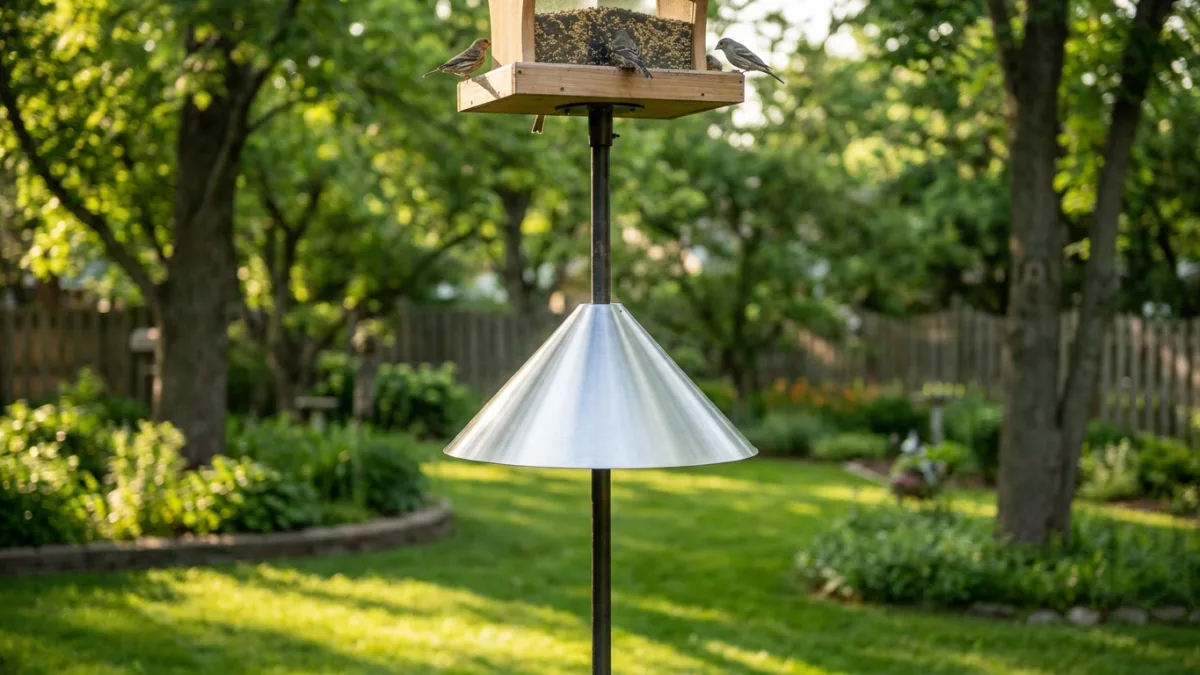 Cone squirrel baffle mounted on a bird feeder pole in a backyard
