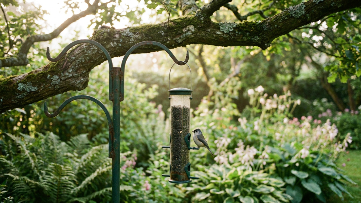 Bird feeder hangers: tube feeder on a green metal hanger hook under an oak branch