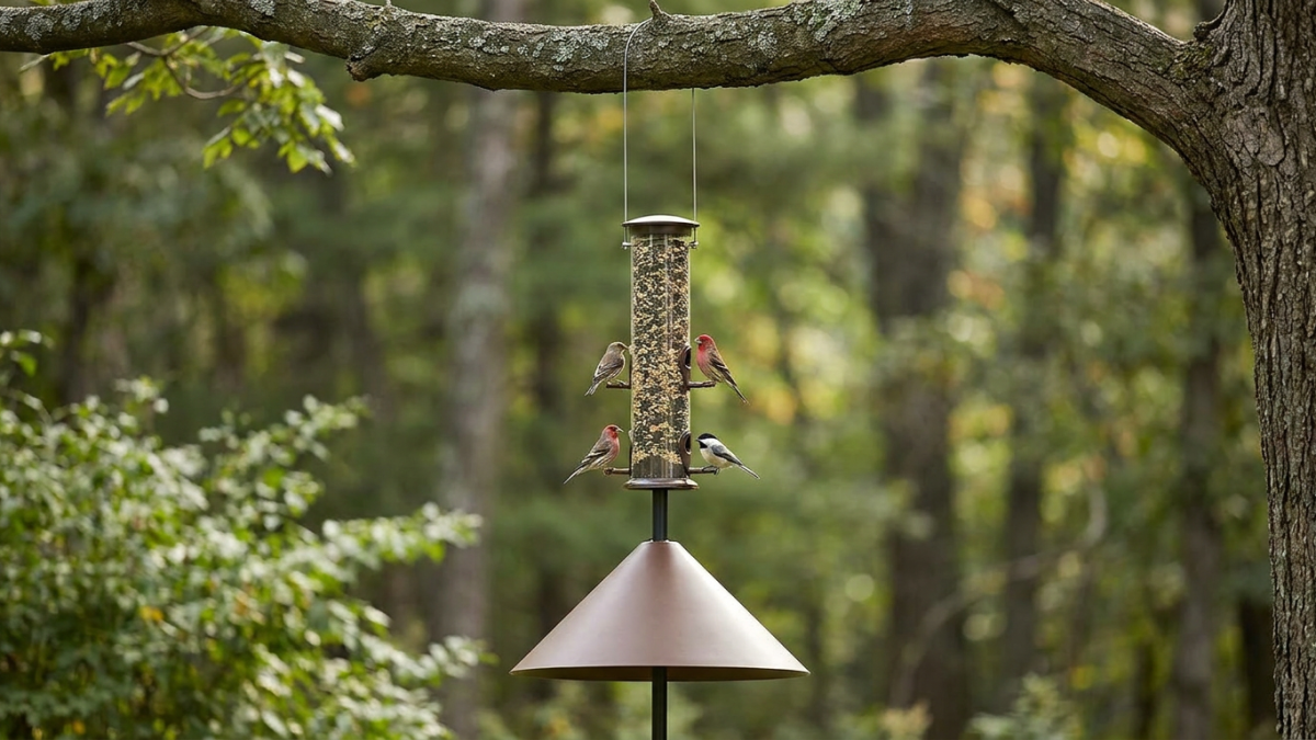 tube bird feeder hanging from a maple branch with a cone baffle on the rope