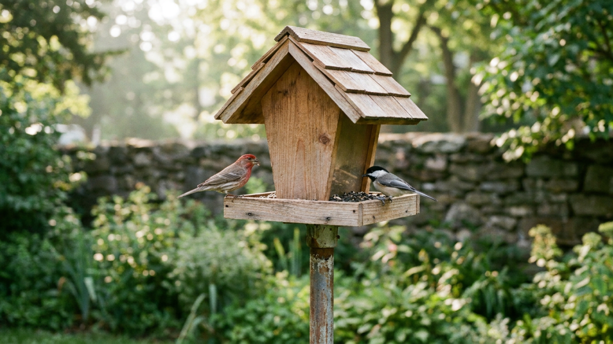 Bird feeder plans built: cedar hopper feeder on a pole with a house finch and chickadee
