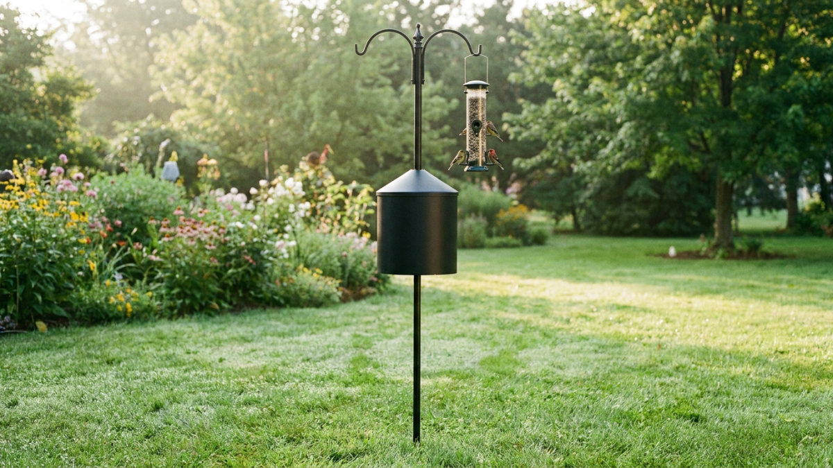 metal bird feeder pole with a torpedo squirrel baffle and a tube feeder in a backyard