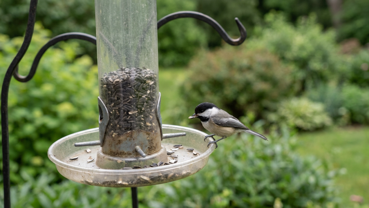 Bird feeder tray attached under a tube feeder with a chickadee eating spilled sunflower seed