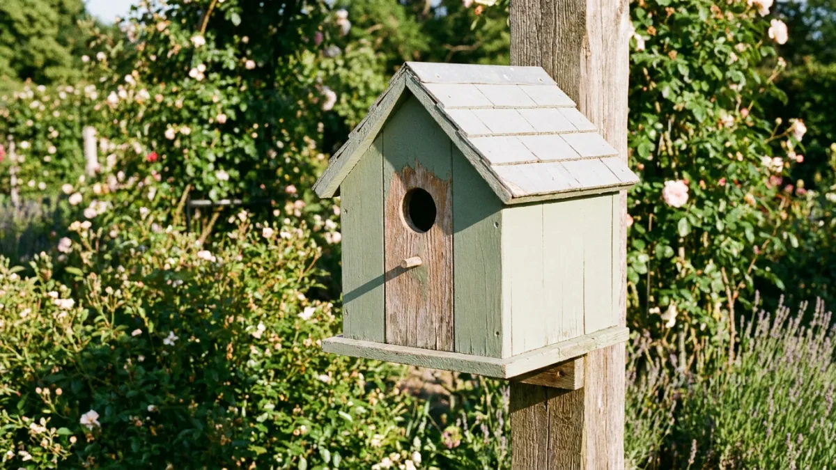 Wooden birdhouse painted sage green with a gray roof and bare wood entrance hole, one of the birdhouse painting ideas safe for nesting birds