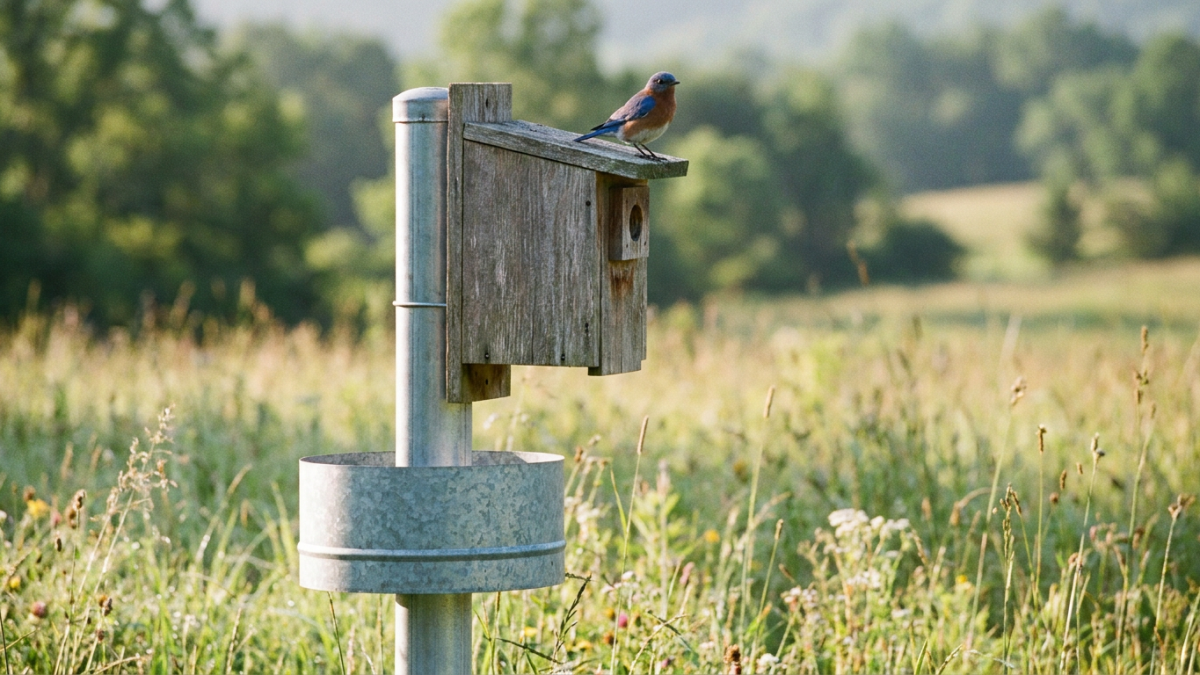 Bluebird house pole with a galvanized stovepipe predator baffle below a cedar nest box and an Eastern Bluebird on the roof
