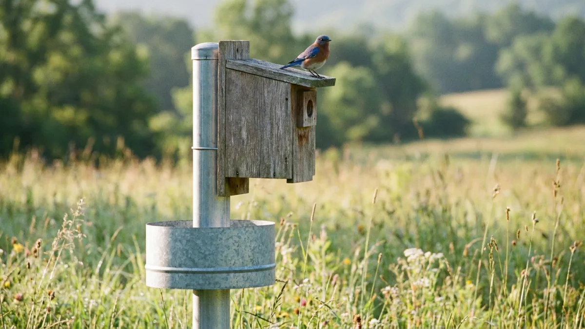 Bluebird house pole with a galvanized stovepipe predator baffle below a cedar nest box and an Eastern Bluebird on the roof