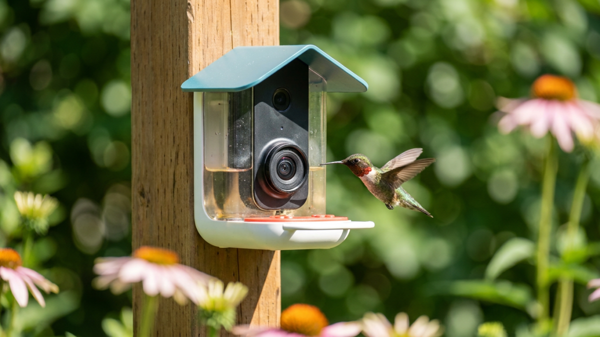 Hummingbird hovering at a camera feeder nectar port in a garden
