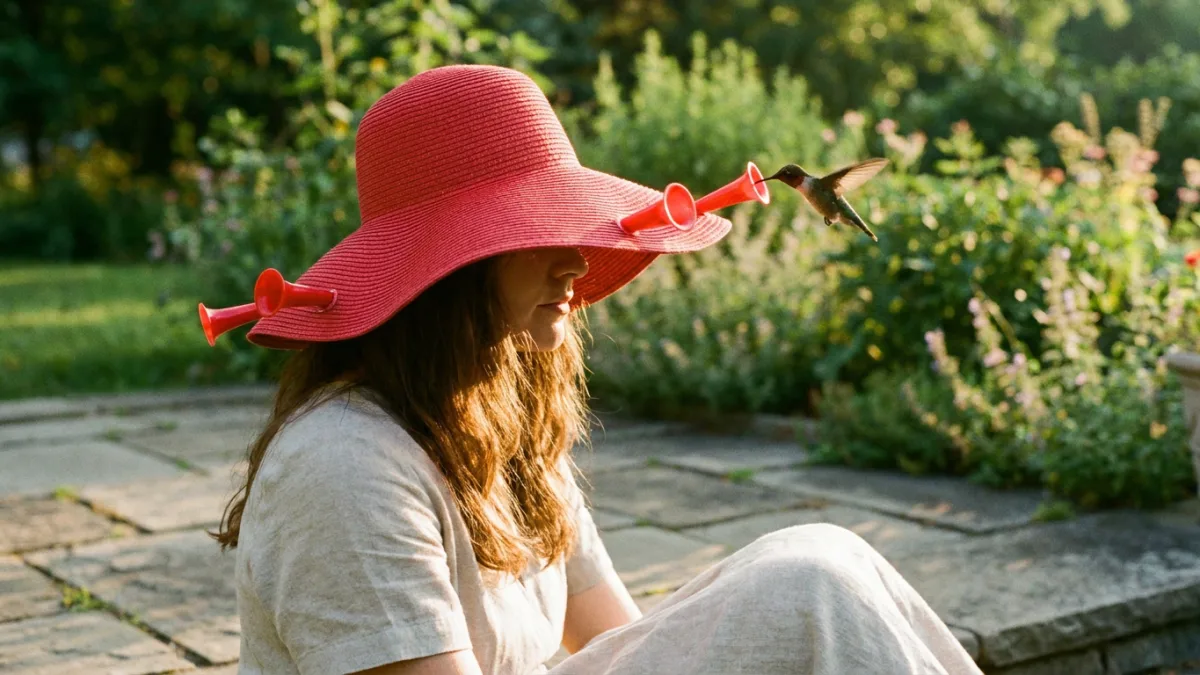Hummingbird feeder hat with red flower nectar tubes on the brim and a hummingbird feeding from one