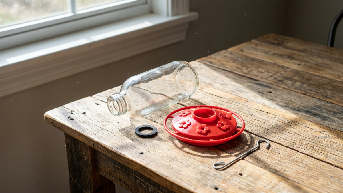 hummingbird feeder parts laid out for repair including flower ports and rubber gasket