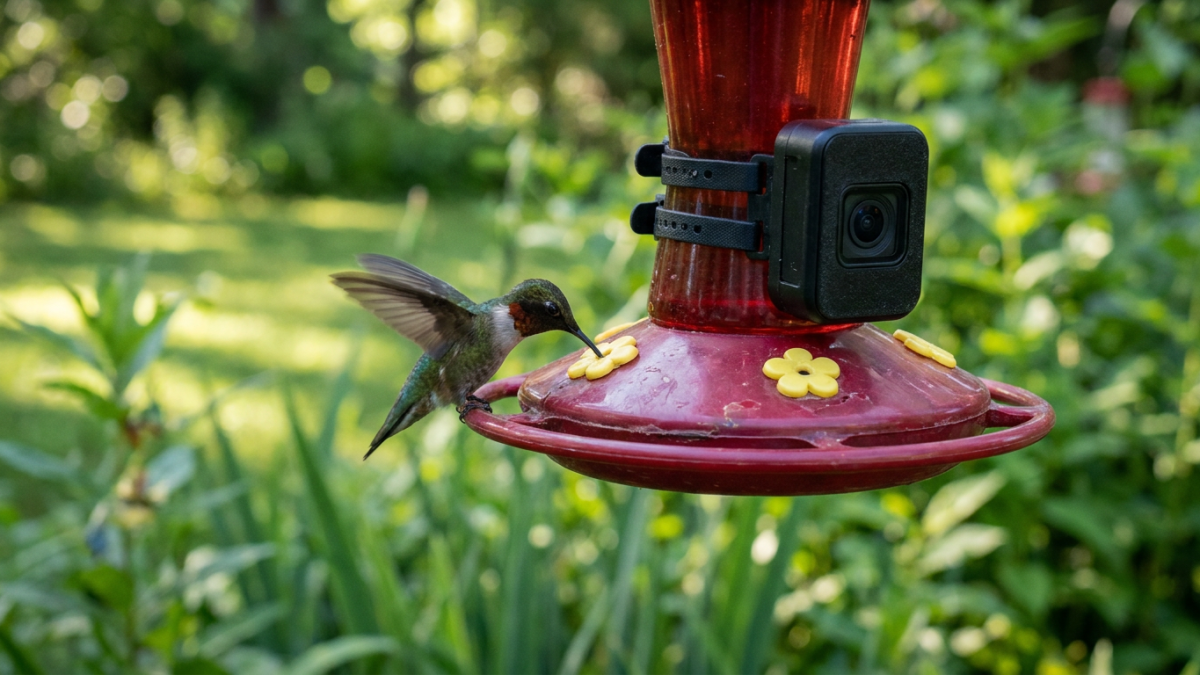hummingbird feeder with camera - compact camera housing beside a nectar port with a hovering hummingbird