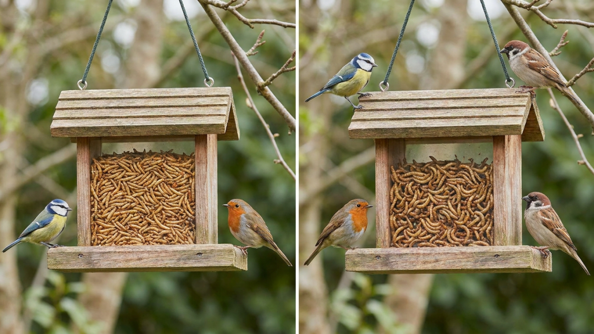 Covered mealworm feeder tray with Eastern Bluebirds visiting a backyard pole