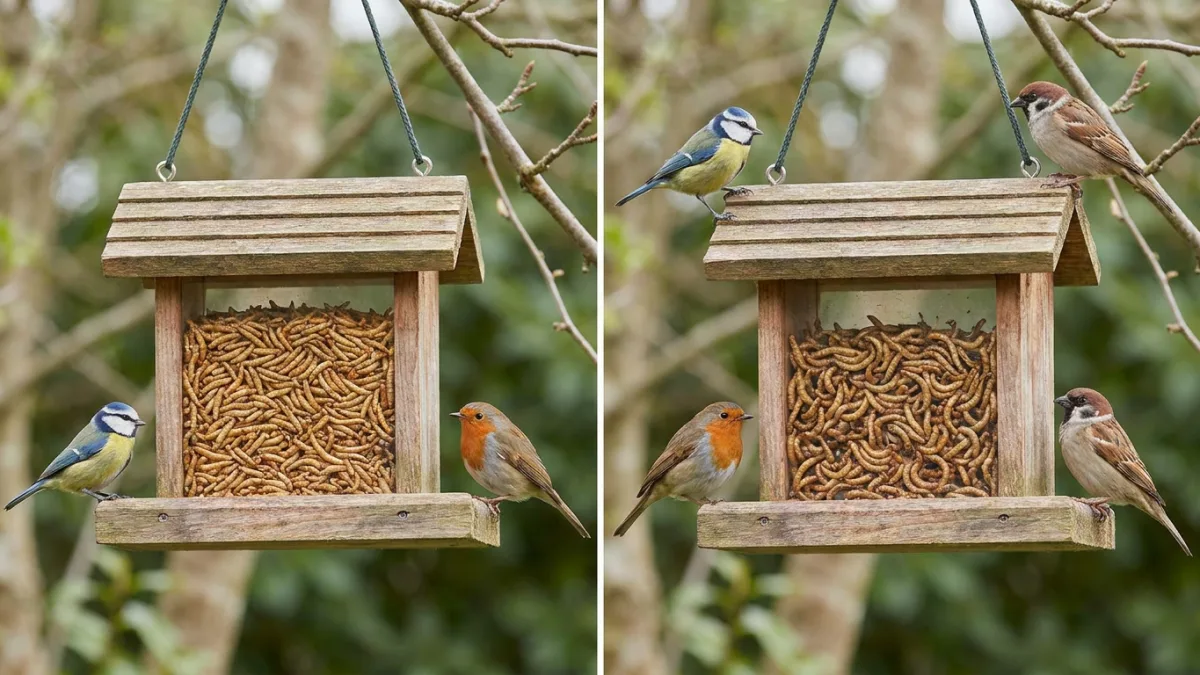 Covered mealworm feeder tray with Eastern Bluebirds visiting a backyard pole