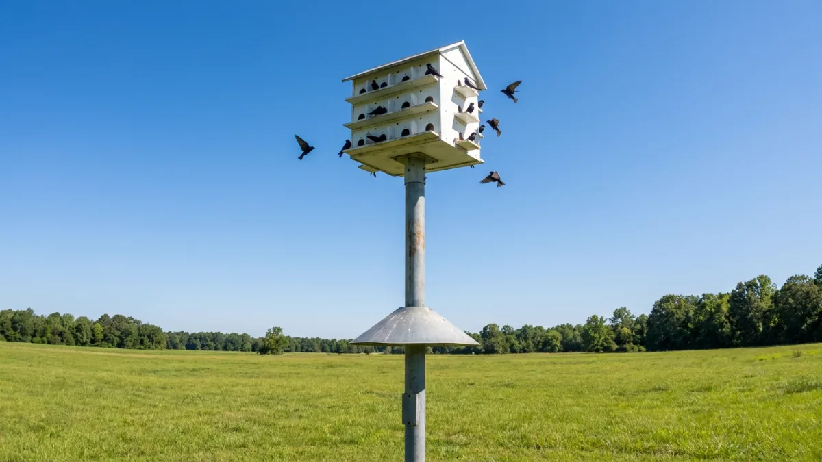Purple martin house with pole and cone predator guard standing in an open field with martins perched on the porches
