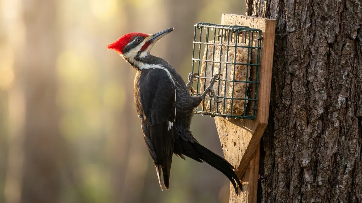pileated woodpecker with red crest feeding on a tail prop suet feeder