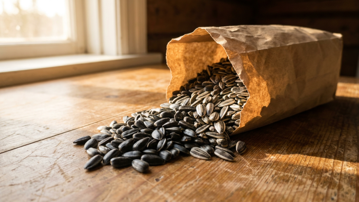 black oil sunflower seeds and striped sunflower seeds for wild birds in paper bags