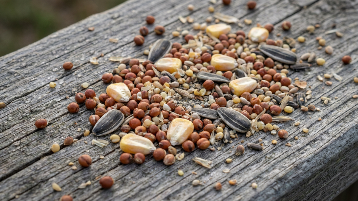 cheap bird seed mix showing round reddish milo grains and cracked corn beside black oil sunflower seeds