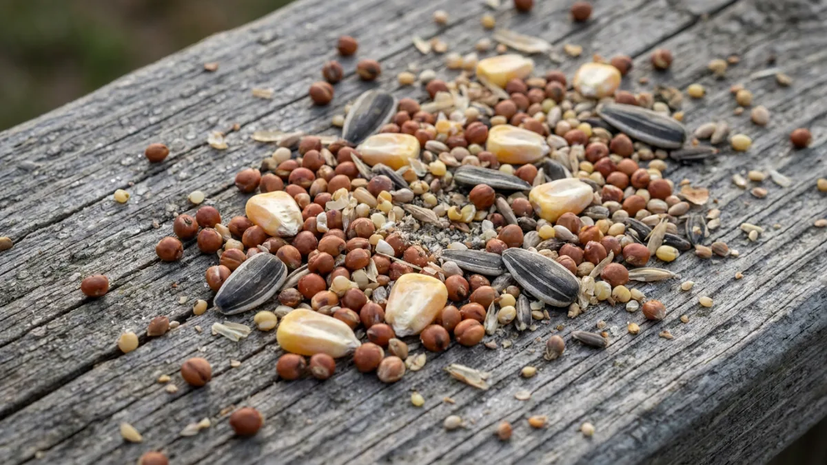 cheap bird seed mix showing round reddish milo grains and cracked corn beside black oil sunflower seeds