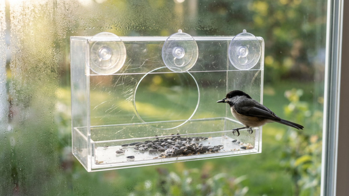 Window bird feeder mounted with suction cups on a house window with a chickadee feeding on sunflower hearts