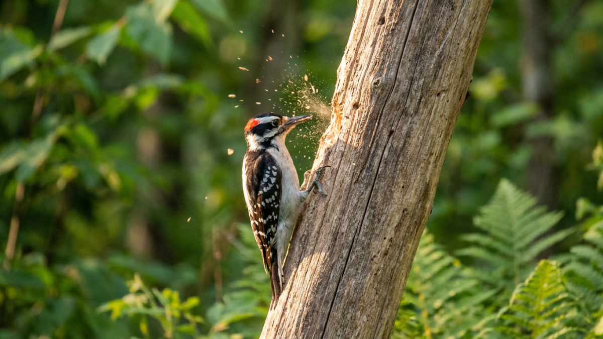 Downy Woodpecker drumming on a dead tree trunk, the woodpecker sound of territorial drumming