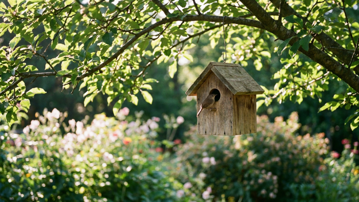 Wren house plans: cedar wren birdhouse with 1 inch entrance hole hanging from a tree branch with a house wren perched at the entry