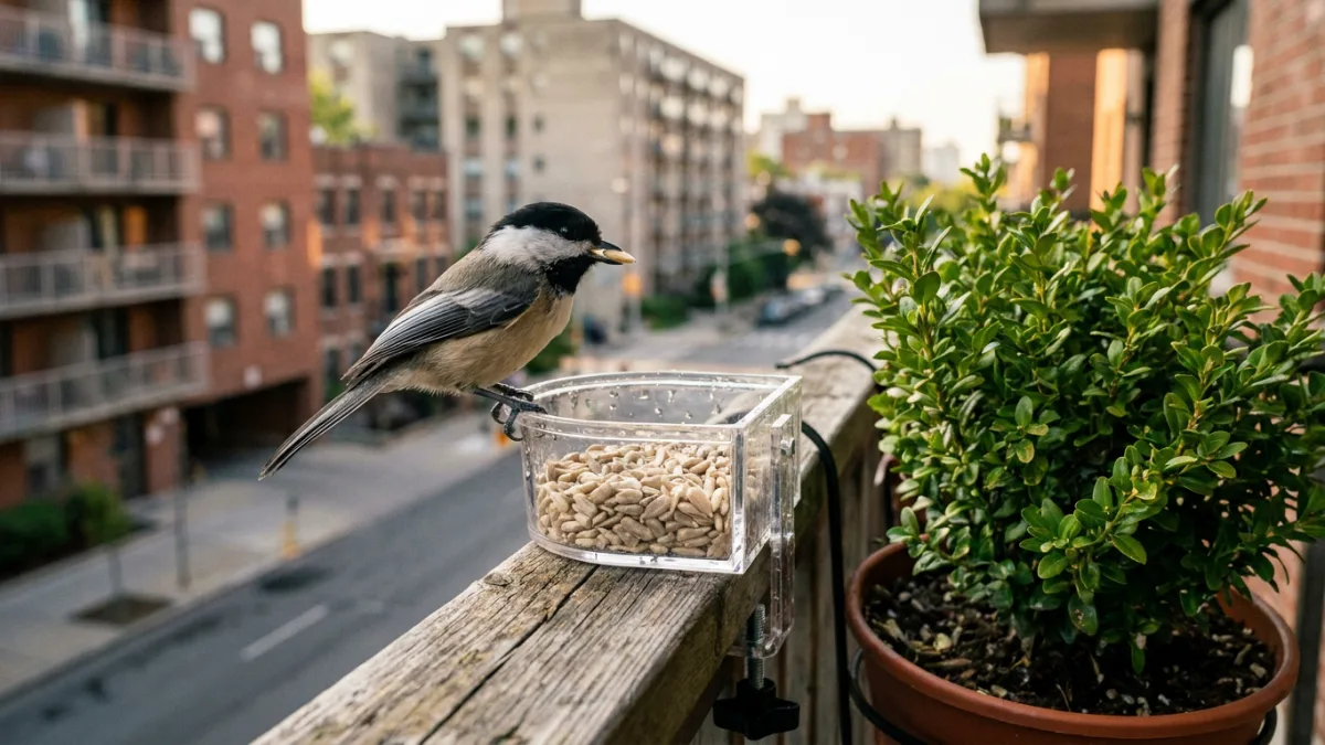 Balcony bird feeder clamped to an apartment railing with a chickadee feeding on sunflower chips
