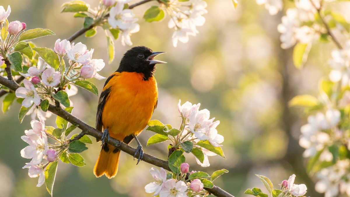 Baltimore oriole call: male Baltimore oriole singing from a branch, bright orange breast and black head