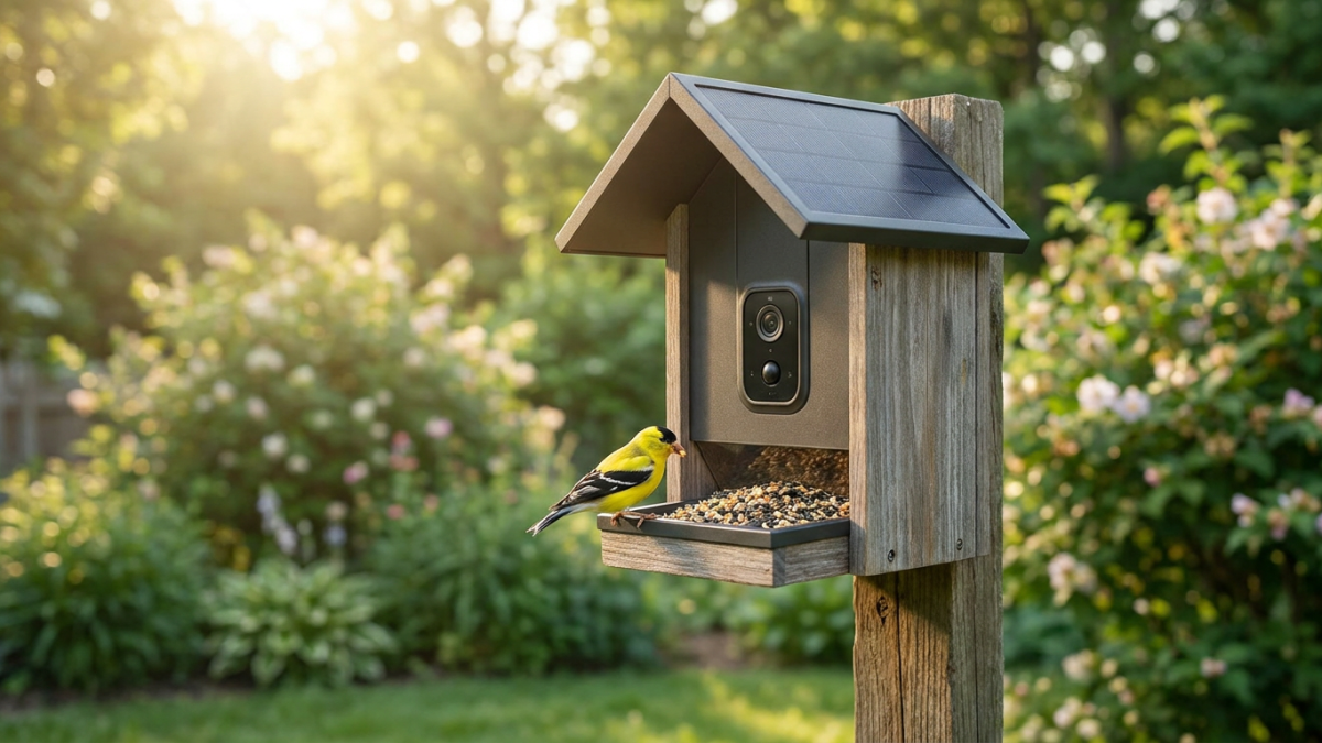 Best bird feeder camera: solar-roof camera feeder on a wooden post with a goldfinch on the tray