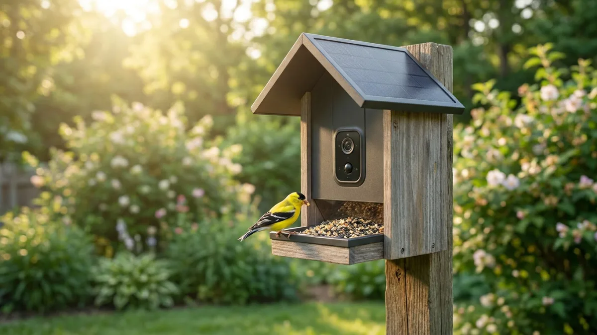 Best bird feeder camera: solar-roof camera feeder on a wooden post with a goldfinch on the tray