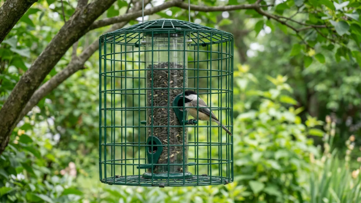 Bird feeder cage with green wire mesh around a tube feeder, a chickadee feeding inside