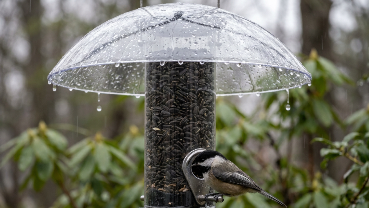 Bird feeder cover: clear rain dome above a tube feeder of black oil sunflower seed with a chickadee feeding in the rain